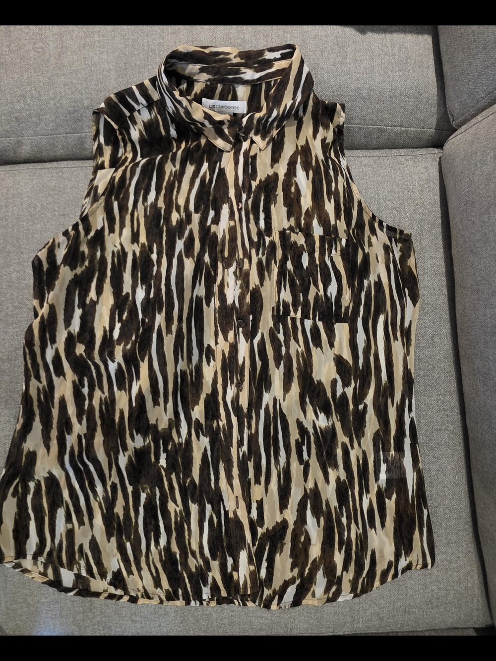 Liz Claiborne Brown and Black Sleeveless Animal-Print Button Front Top